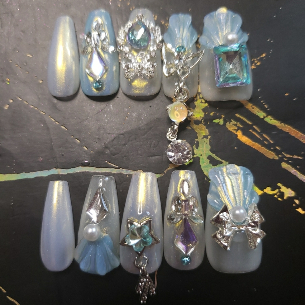 Handmade medium length coffin hard gel press on nails